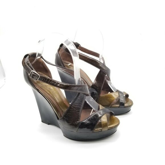 Marni Womens Metallic Gold Black Leather Wedge Slingback Heels Size US 6.5 EU 37 - Picture 1 of 6